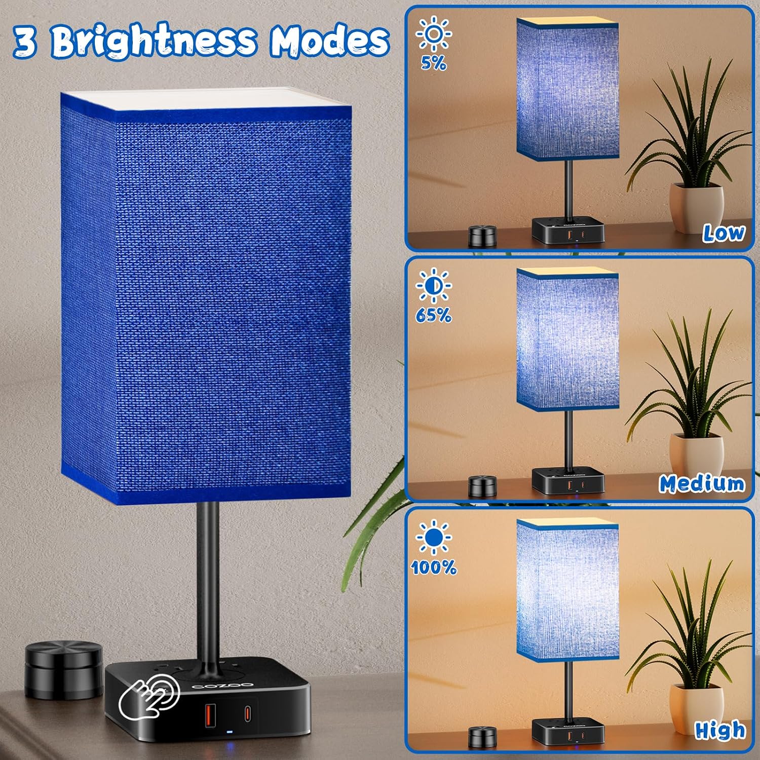 Bedside Lamp & Desk Lamp with Remote, Touch Control, USB-C/A Ports + Outlets | Blue Fabric Shade Nightstand Table Lamp for Bedroom…