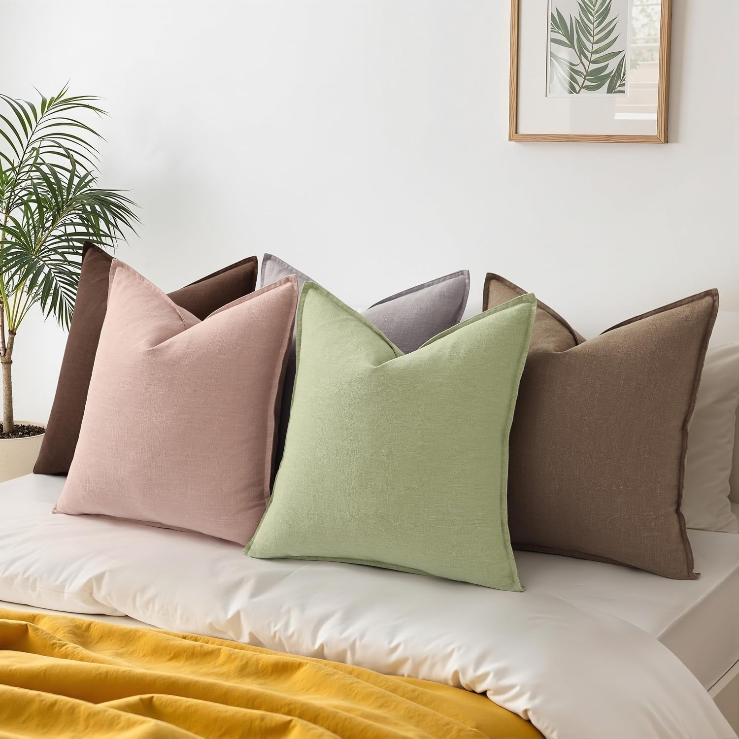 decorUhome Summer Decorative Linen Throw Pillow Covers 20x20 Inch Set of 2 Light Brown Pillow Covers with Flange Edges Soft Farmhouse Boho…