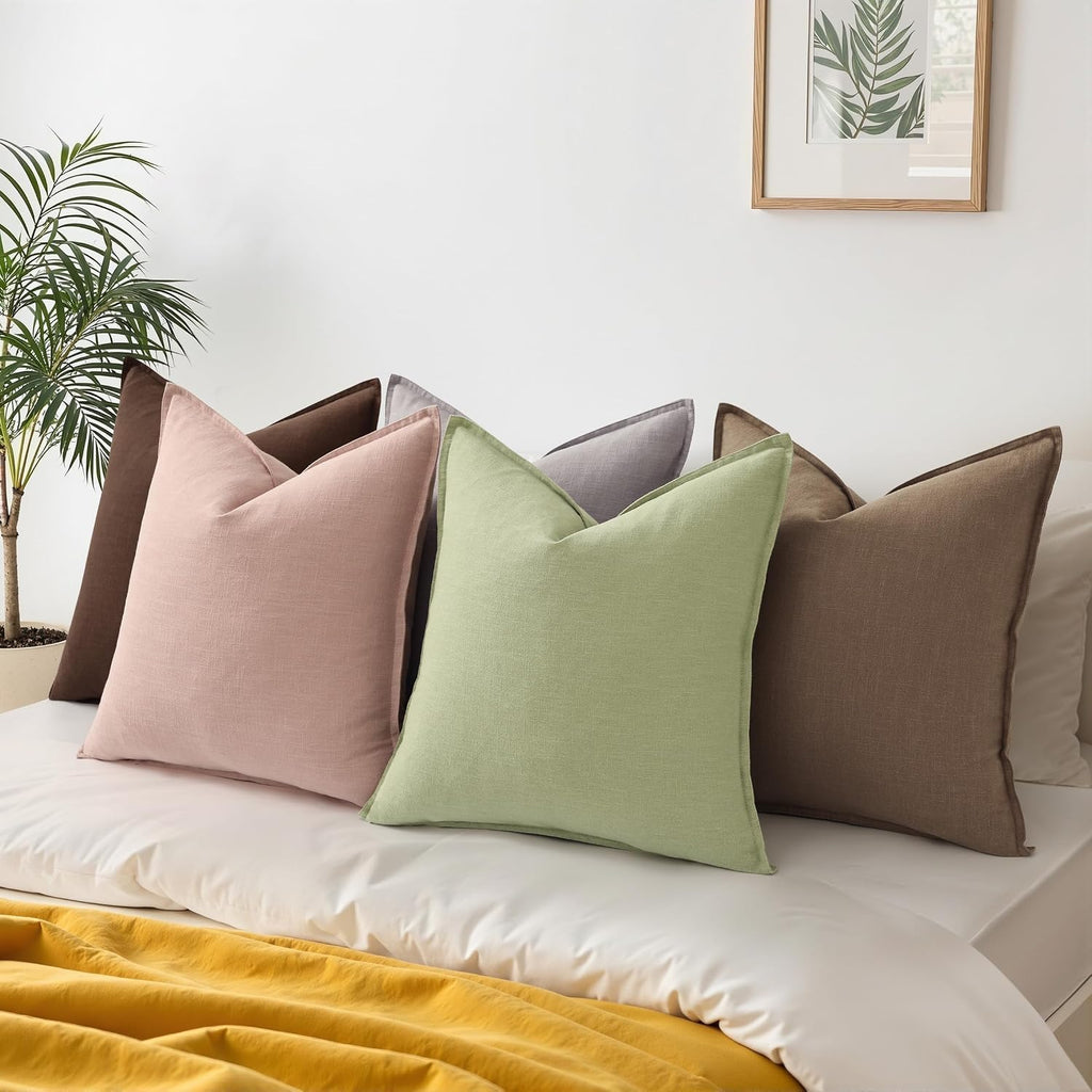 decorUhome Summer Decorative Linen Throw Pillow Covers 18x18 Inch Set of 2 Light Brown Pillow Covers with Flange Edges Soft Farmhouse Boho…