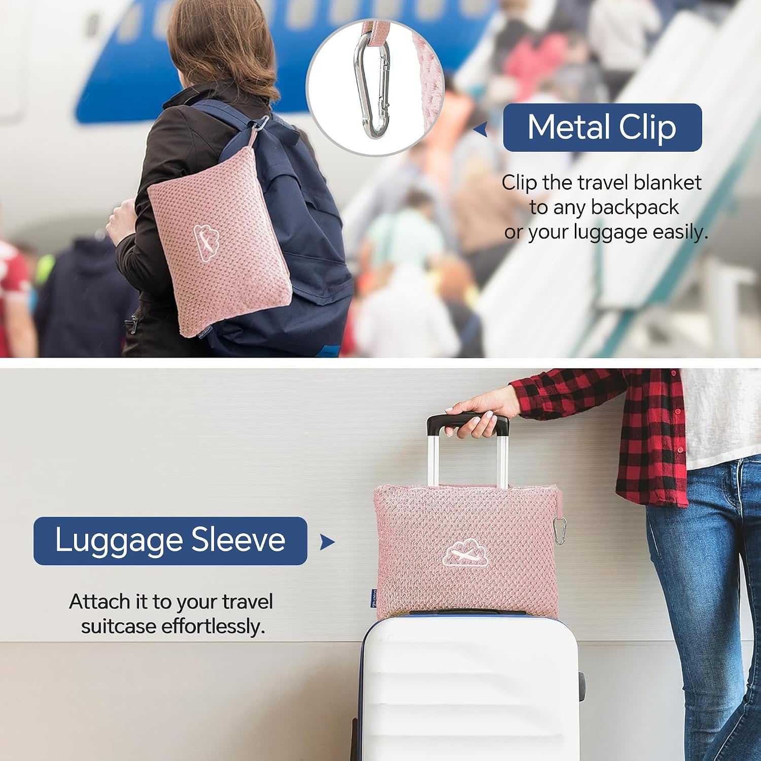 Bedelite Travel Blanket with Bag, Ultra-Soft Jacquard Fleece Blanket with Luggage Sleeve & Backpack Clip, Airplane Blanket Travel Essential…