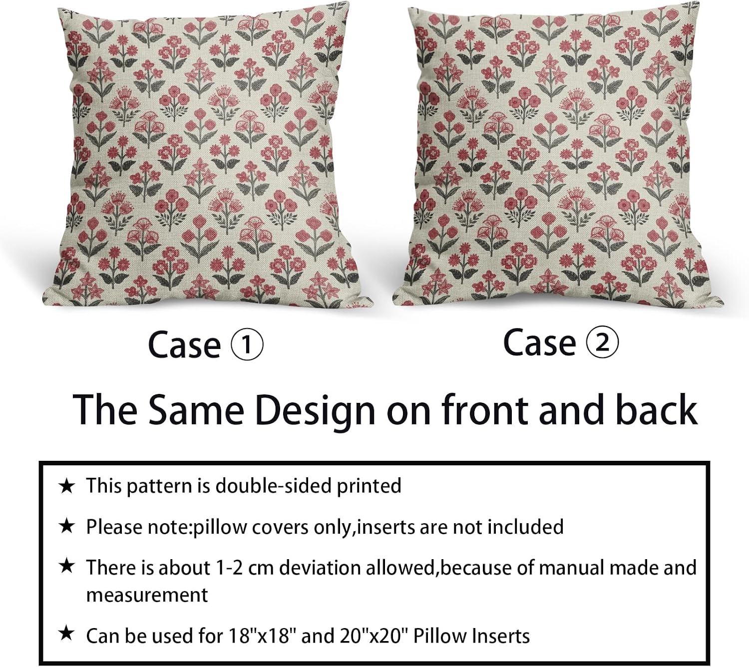 Black Red Christmas Floral Block Print Pillow Covers 18x18 Inch Set of 2, Vintage Flower Pattern Decorative Throw Pillowcases Outdoor…