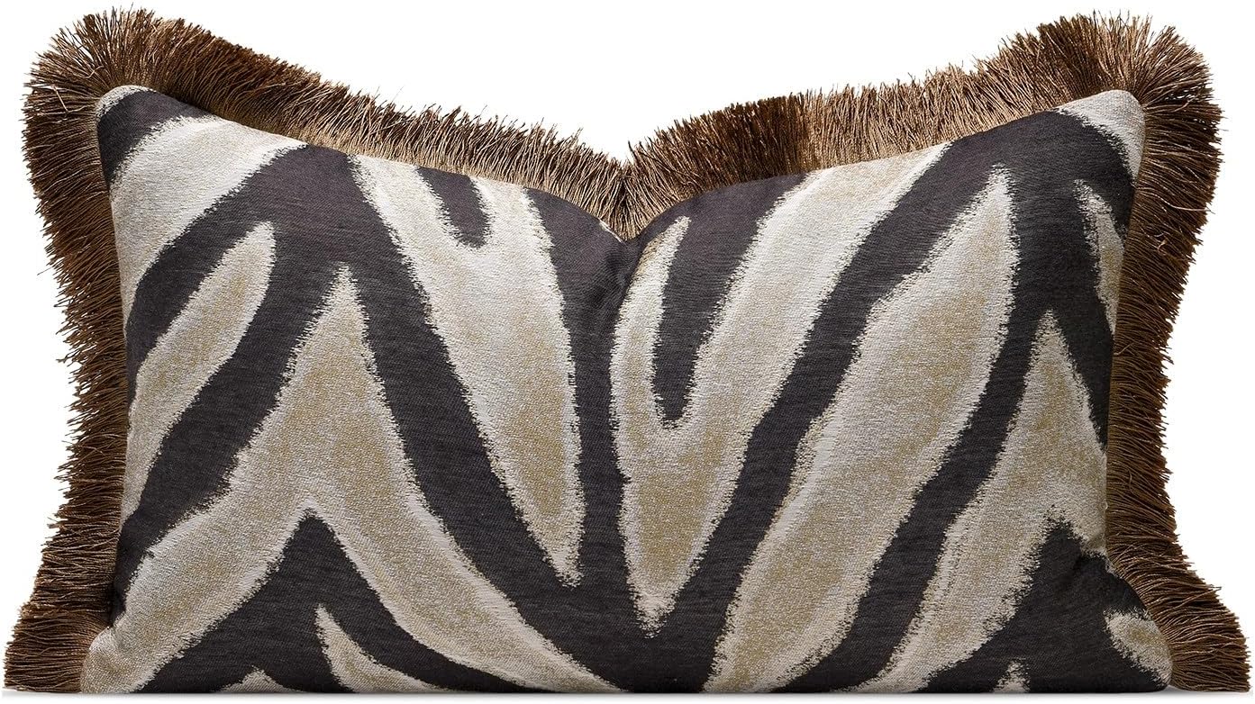 Aibuhome Luxury Zebra Lumbar Pillow Cover with Brown Tassel Trim, Zebra Pattern Jacquard Design Decorative Pillow Case for Sofa Bedroom Liv…