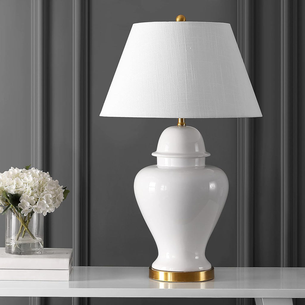 JONATHAN Y 33" White Modern Ceramic Ginger Jar Table Lamp for Living Room, Traditional Bedside Lamp for Bedroom Entryway, White Linen…