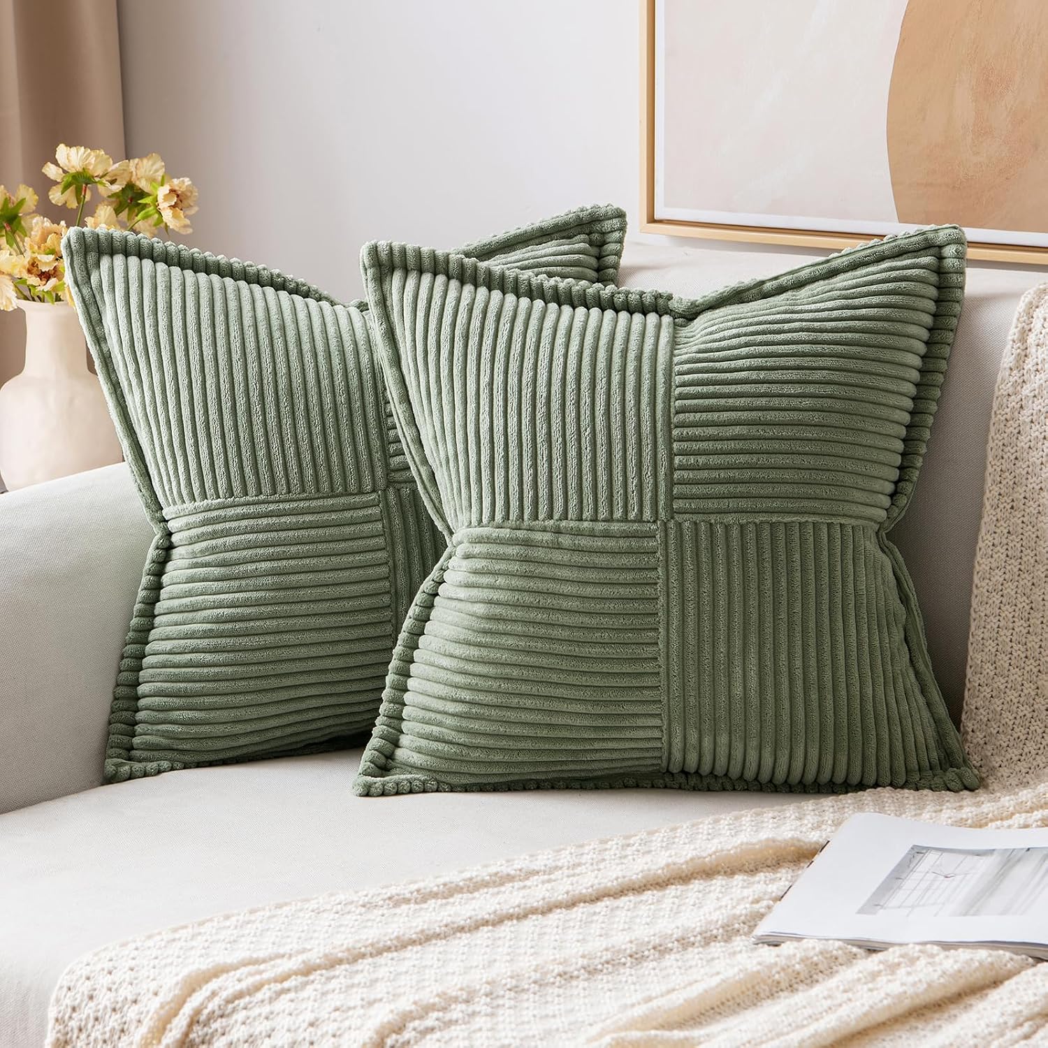 MIULEE Decorative Throw Pillow Covers for Couch Bed Livingroom 18x18 Inch Set of 2 Light Olive Green Boho Accent Throw Pllows Broadside…