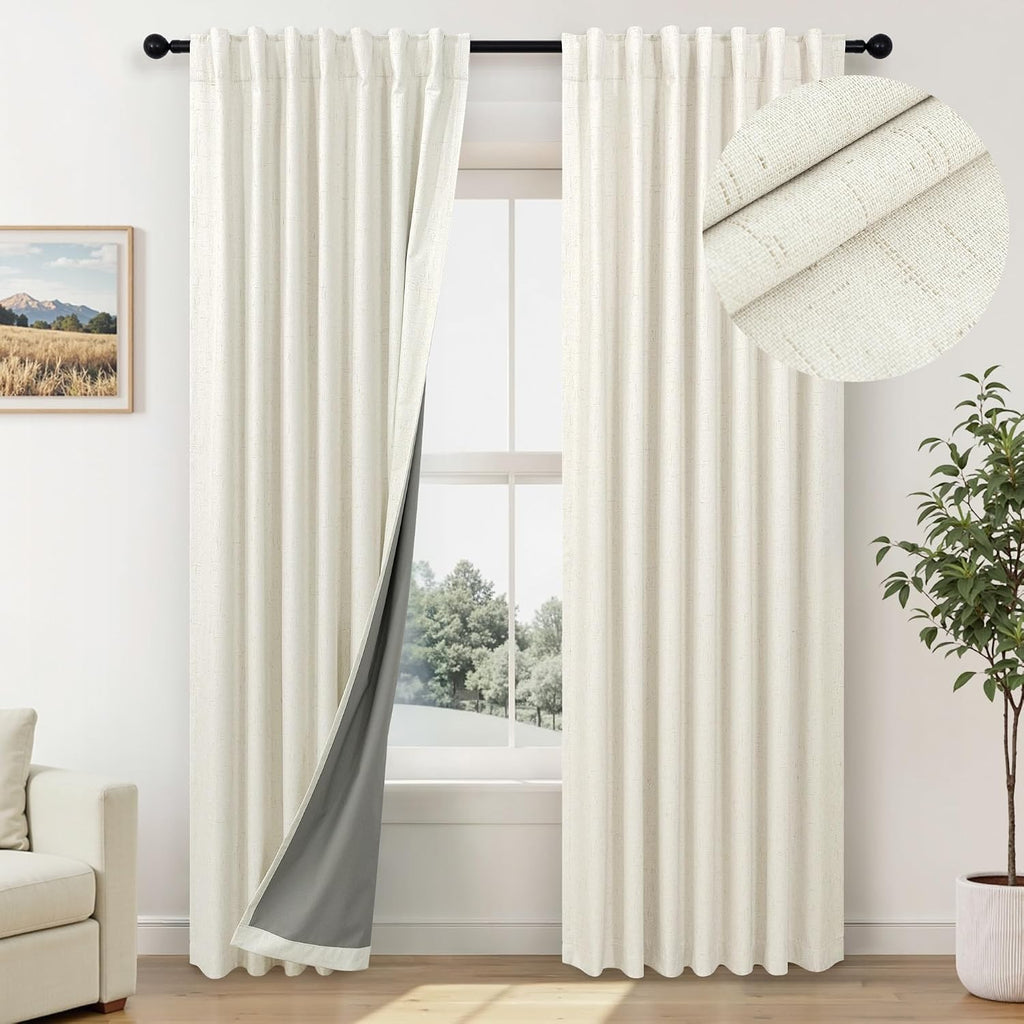 Pitalk Room Darkening Curtains 63 Inches Long Small Bay Window Dining Room Curtains Boho Soft Cotton Linen Textured Insulated Back Tab Pock…