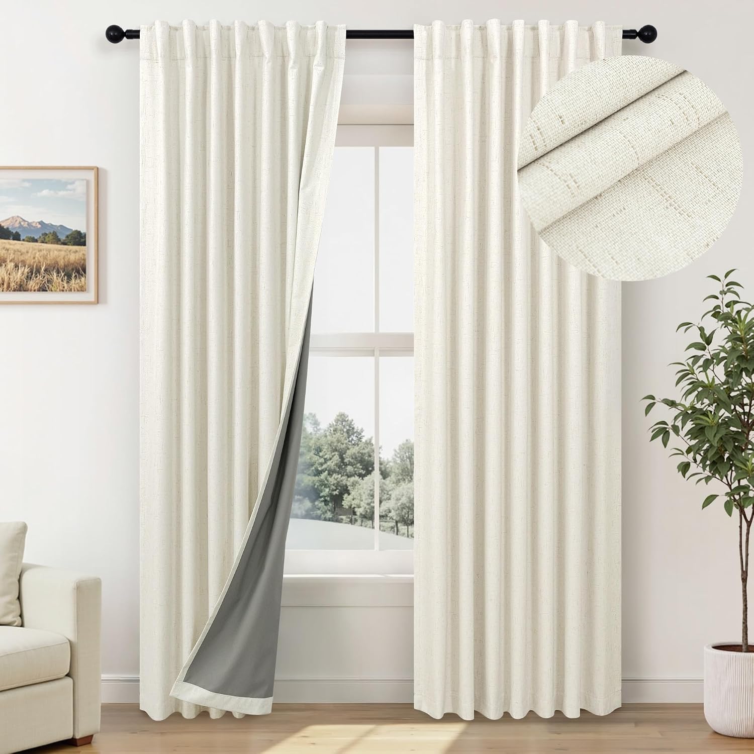 Pitalk Room Darkening Curtains 63 Inches Long Small Bay Window Dining Room Curtains Boho Soft Cotton Linen Textured Insulated Back Tab Pock…