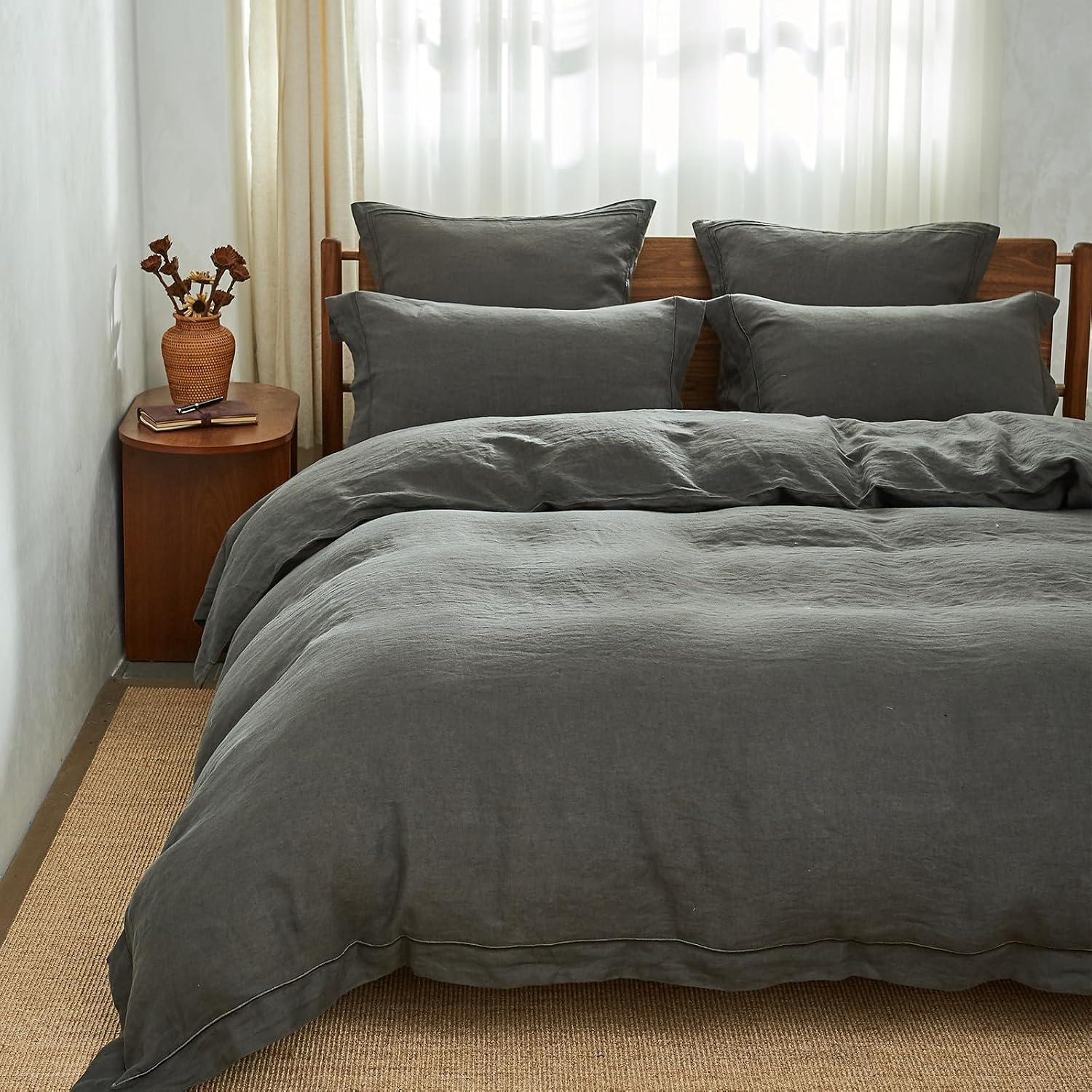 Simple&Opulence 100% Washed Linen Duvet Cover with Embroidered, 3 Pieces Soft Farmhouse Comforter Set with Button Closure,1…