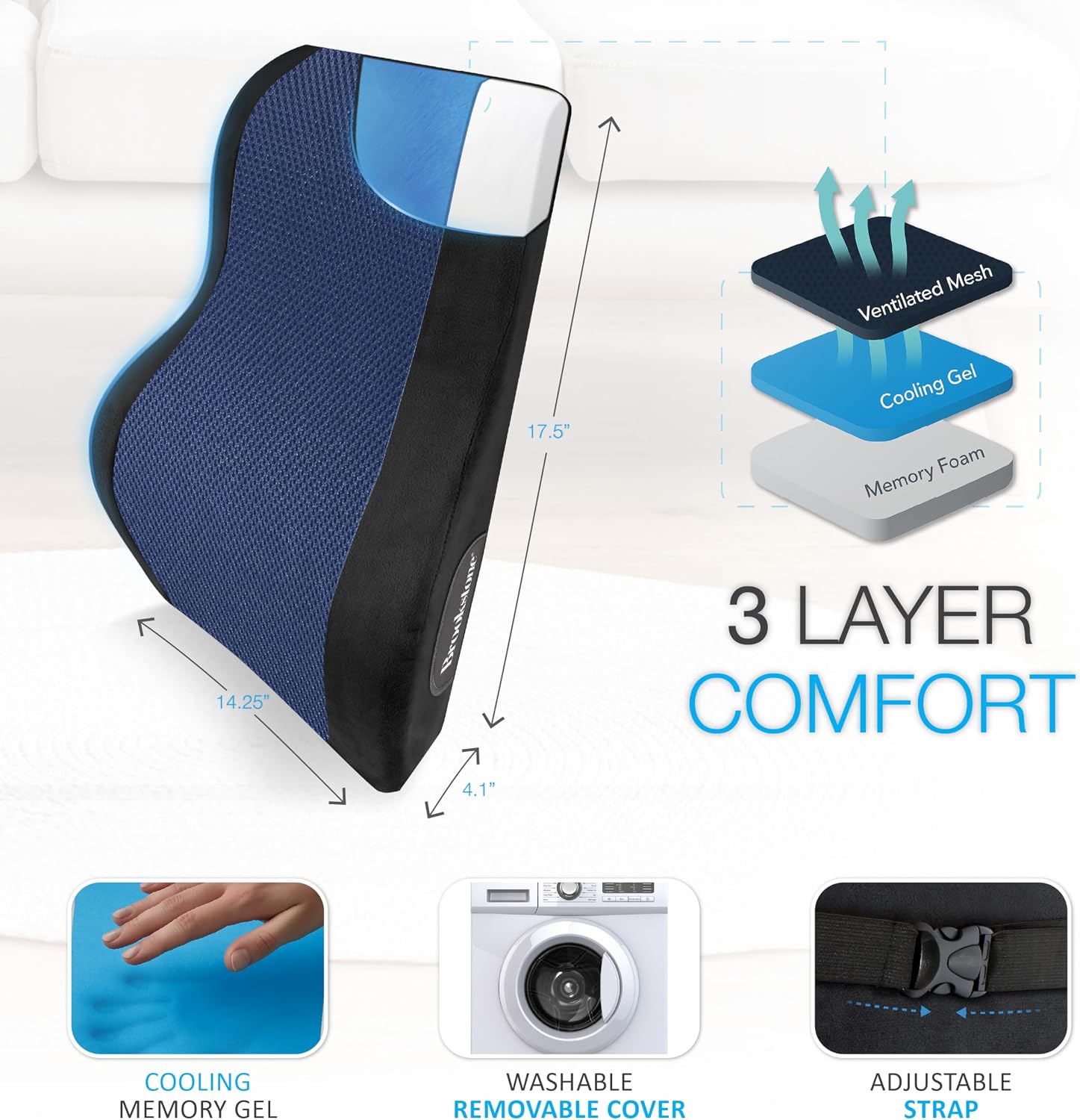 Brookstone BK1172 - Luxurious Back Support Pillow for Office Chairs and Cars, Lumbar Cushion with Premium Grade Memory Foam with Cooling…