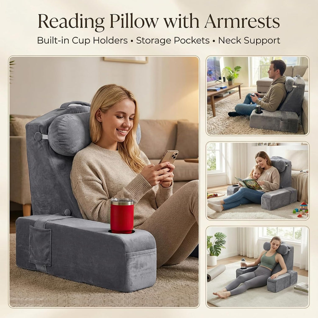 Asawesling 19 INCH Reading Pillow for Adults, Back Pillow for Bed Sitting Up, Backrest Pillow for Sitting in Bed, Detachable Arms with Buil…