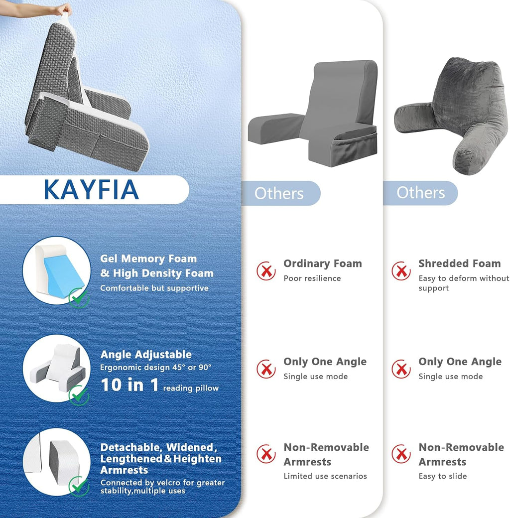 Kayfia Reading Pillow, 10 in 1 Back Pillow for Bed Sitting up with Detachable Arms Rest, Back Rest Pillow with Gel Memory Foam, for…