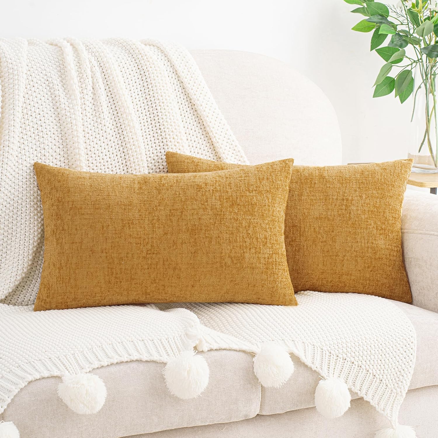Hwy50 HWY 50 Gold Lumbar Pillow Covers 12x20 Inch Pack of 2, Soft Chenille Decorative Throw Pillow Covers Farmhouse for Couch Sofa Living R…