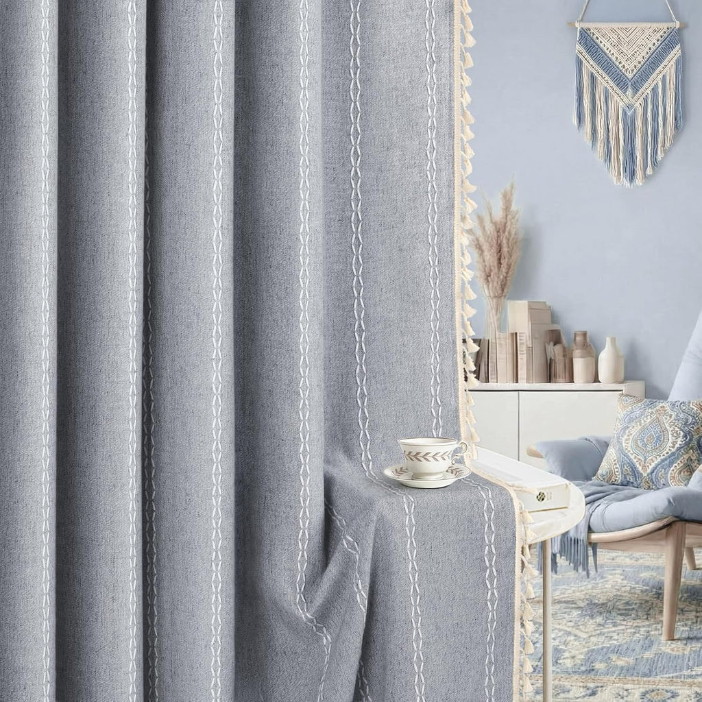 XOGUIBO Blue Boho Blackout Curtains 2 Panels 84 Inch for Living Room Bedroom, Linen Texture Farmhouse Curtains with Tassels and Whit…