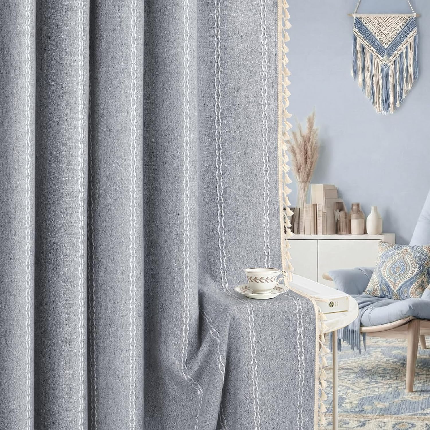 XOGUIBO Blue Boho Blackout Curtains 2 Panels 84 Inch for Living Room Bedroom, Linen Texture Farmhouse Curtains with Tassels and Whit…