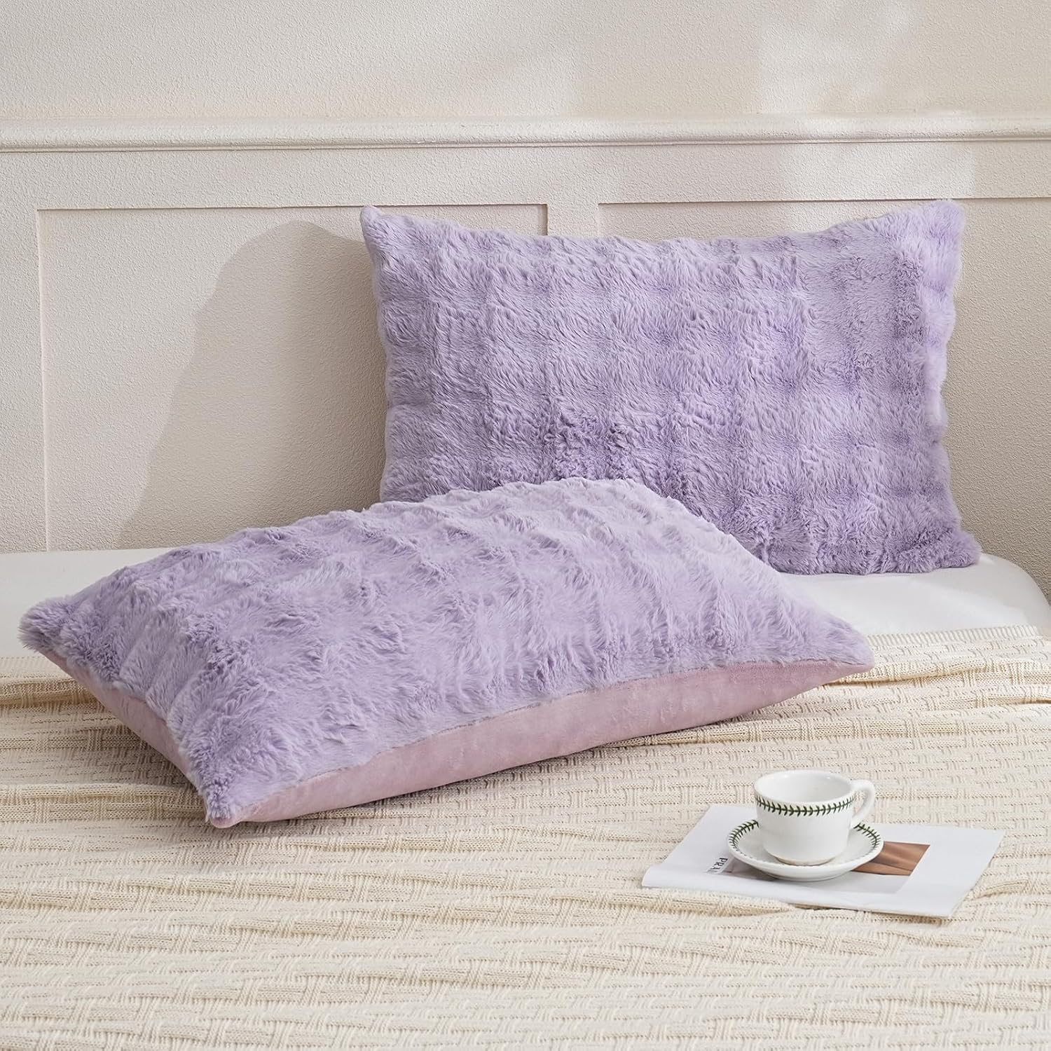Chumerry Fuzzy Faux Fur Pillow Case Plush Shaggy Pillow Cover Plaid Check Texture Extra Soft Fluffy Faux Rabbit Fur Fabric Purple Decorativ…