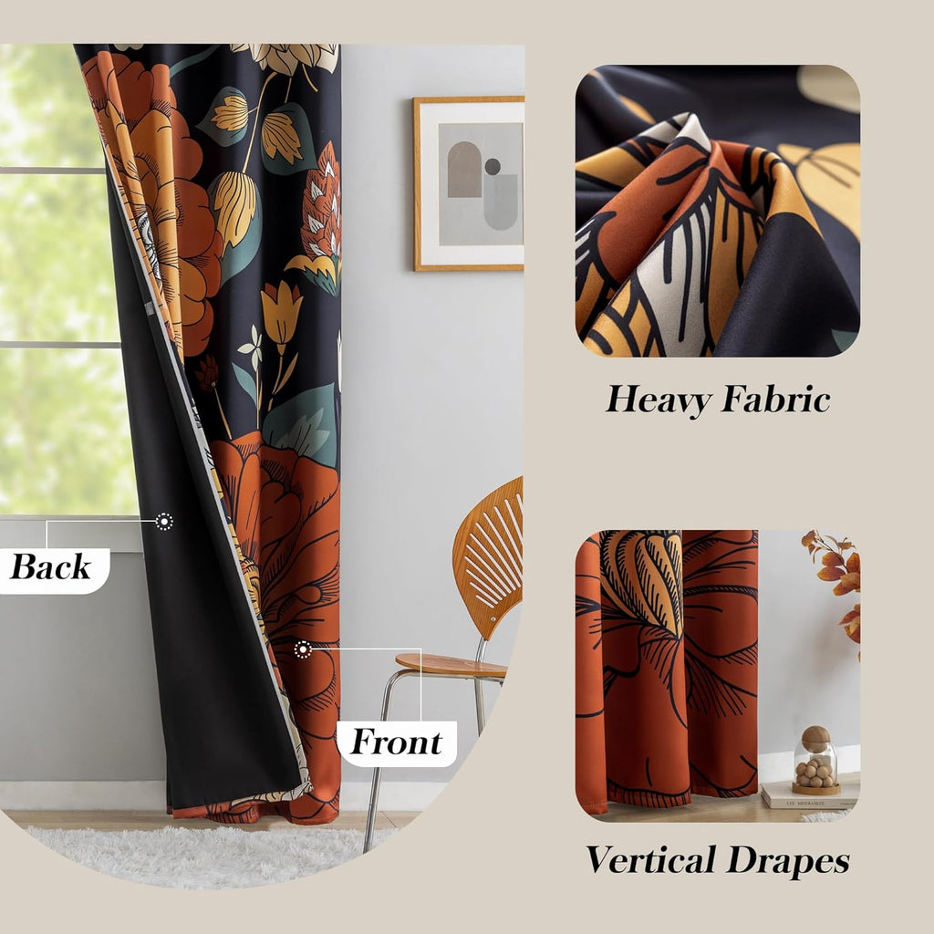 Tyrot Black Boho Floral Blackout Curtains for Sliding Glass Doors 84 inch Length Extra Wide Curtains for Patio Sliding Door Living Room…