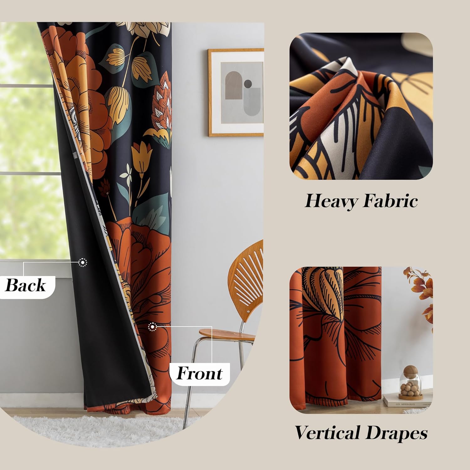 Tyrot Black Boho Floral Blackout Curtains for Sliding Glass Doors 84 inch Length Extra Wide Curtains for Patio Sliding Door Living Room…