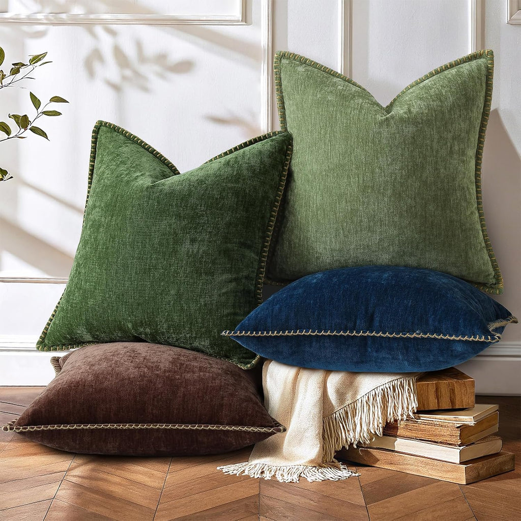 decorUhome Chenille Soft Cozy Throw Pillow Covers 24x24 Set of 2, Modern Farmhouse Boho Velvet Decorative Euro Sham Pillow Cases with Stitc…