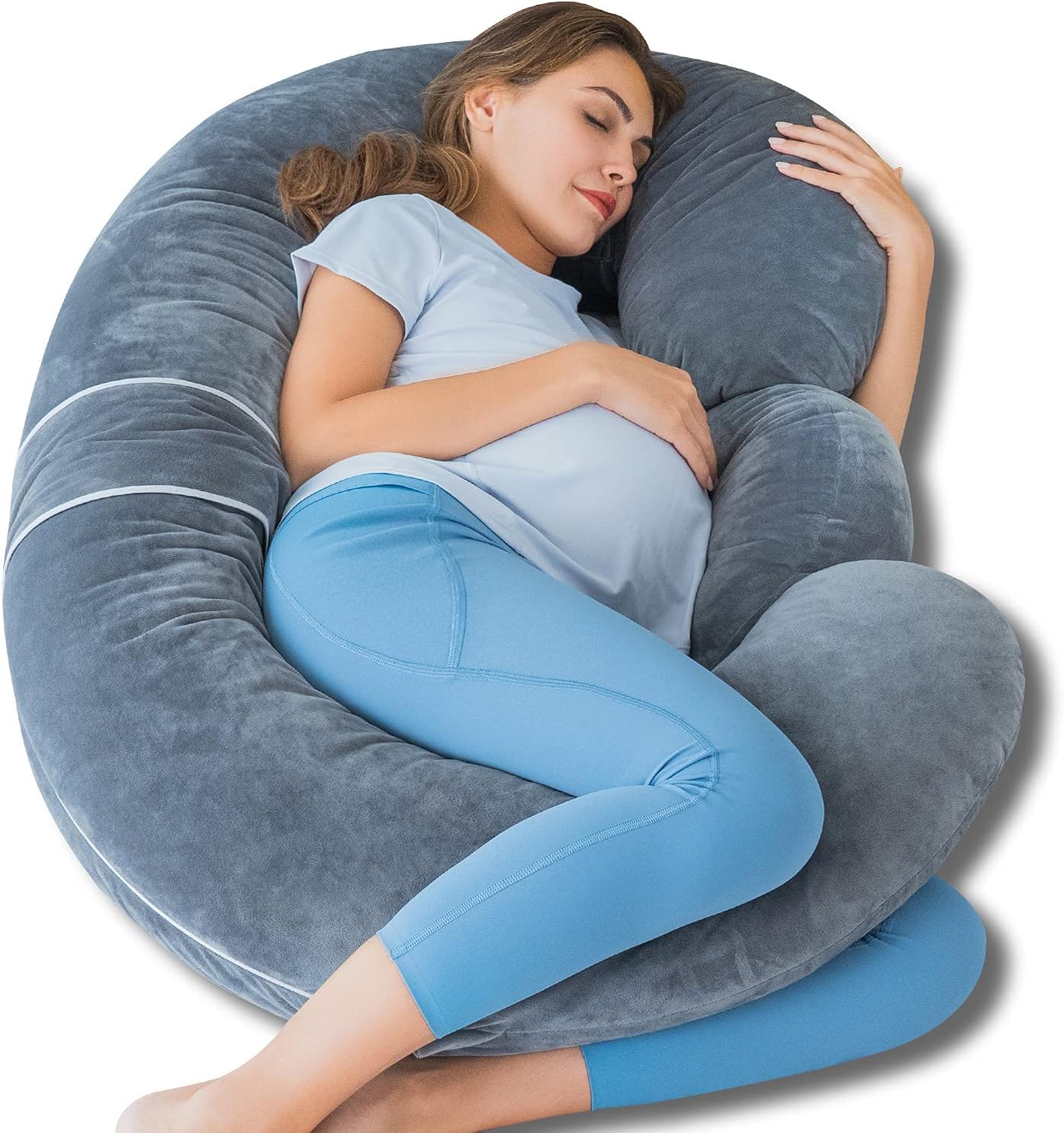 QUEEN ROSE Pregnancy Pillows - E Shaped Pregnancy Pillows for Sleeping, Detachable Body Pillow for Pregnant Side Sleeper, Grey Velvet…