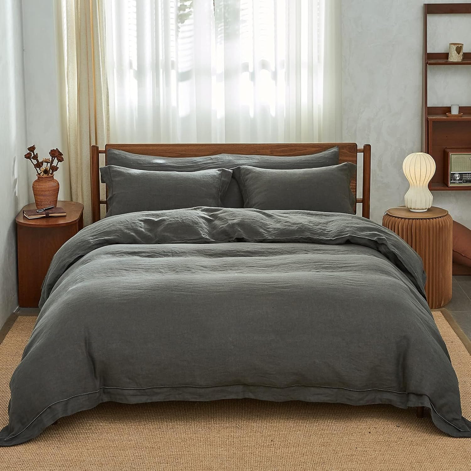 Simple&Opulence 100% Washed Linen Duvet Cover with Embroidered, 3 Pieces Soft Farmhouse Comforter Set with Button Closure,1…