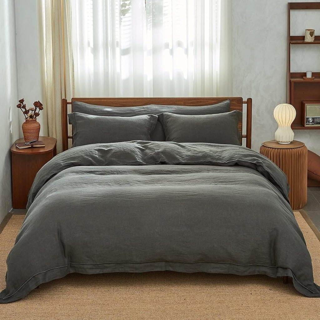 Simple&Opulence 100% Washed Linen Duvet Cover with Embroidered, 3 Pieces Soft Farmhouse Comforter Set with Button Closure,1…