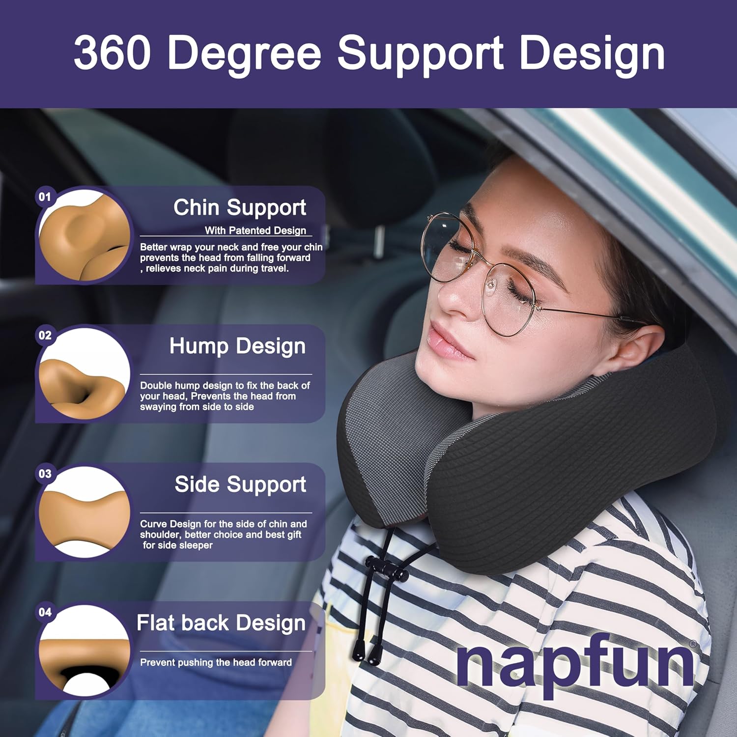 napfun Neck Pillow for Traveling, Upgraded Travel Neck Pillow for Airplane 100% Pure Memory Foam Travel Pillow for Flight Headrest Sleep…