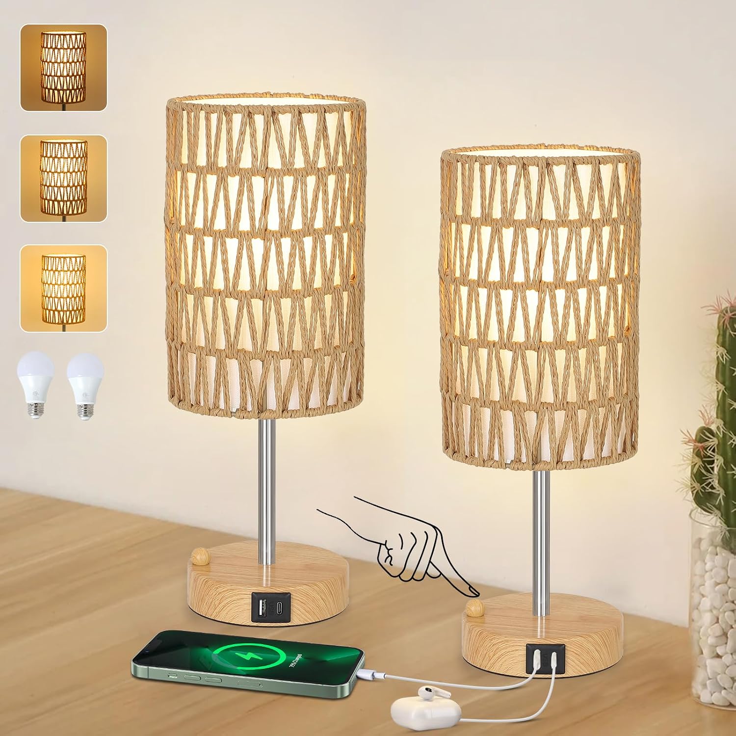 Bedside Lamps Set of 2 with Bulb, Touch Control Nightstand Lamp for Bedroom with Rattan & Linen Shade, 3 Way Dimmable Small Boho Table…