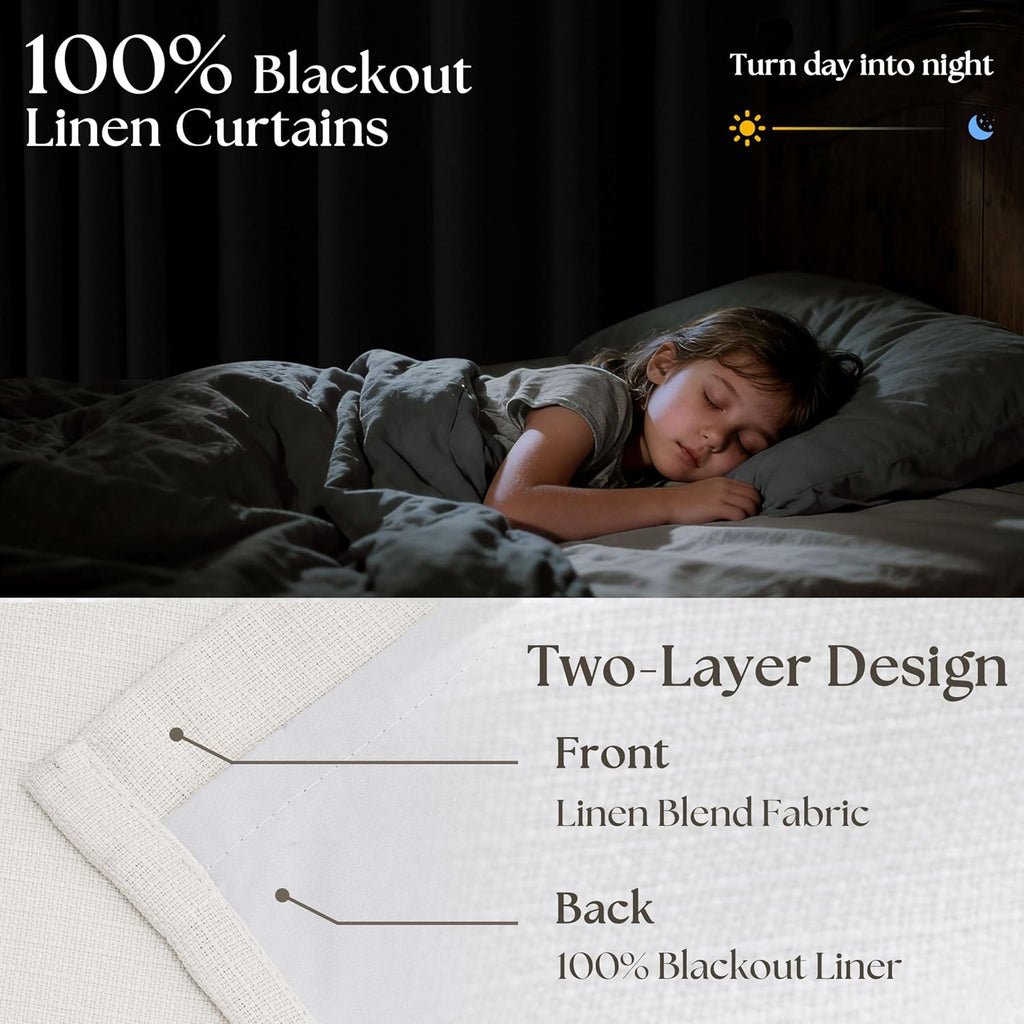 Twodrapes 112 Inch Pinch Pleated Blackout Linen Curtains for Bedroom 2 Panels Memory Trained 100% Black Out Soundproof Room Darkening Ivory…