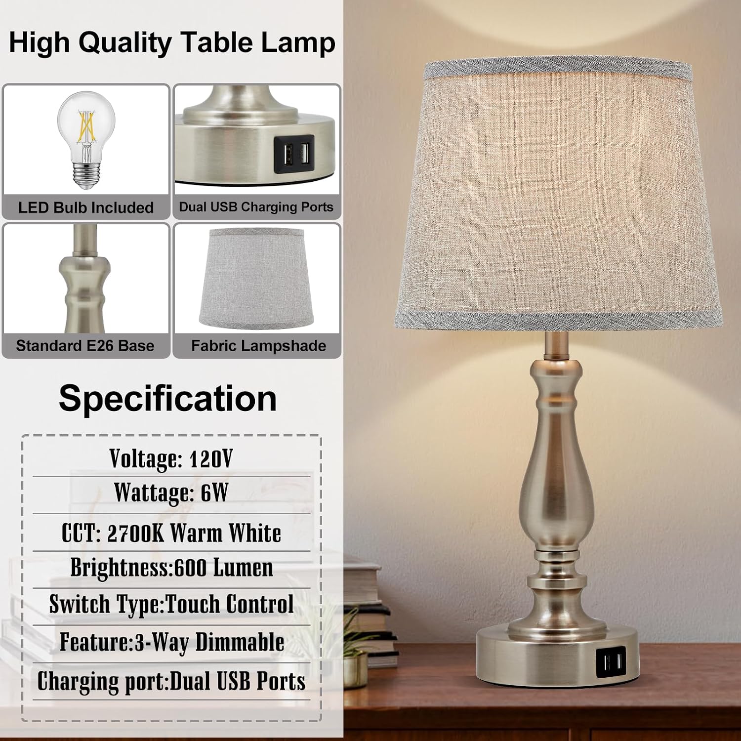 EJIAXIN Table Lamps for Bedroom Set of 2, Dimmable Touch Bedside Lamps with Dual USB A+C Ports - Nightstand Lamp for End Table Modern…