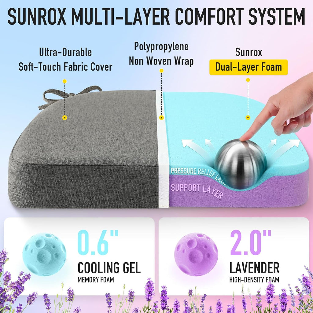 Sunrox Cooling Gel Memory Foam Chair Cushions, 2.6" Thick U-Shaped Dual-Layer Comfort Dining Chair Pads, Non Slip Seat Cushion with Ties fo…