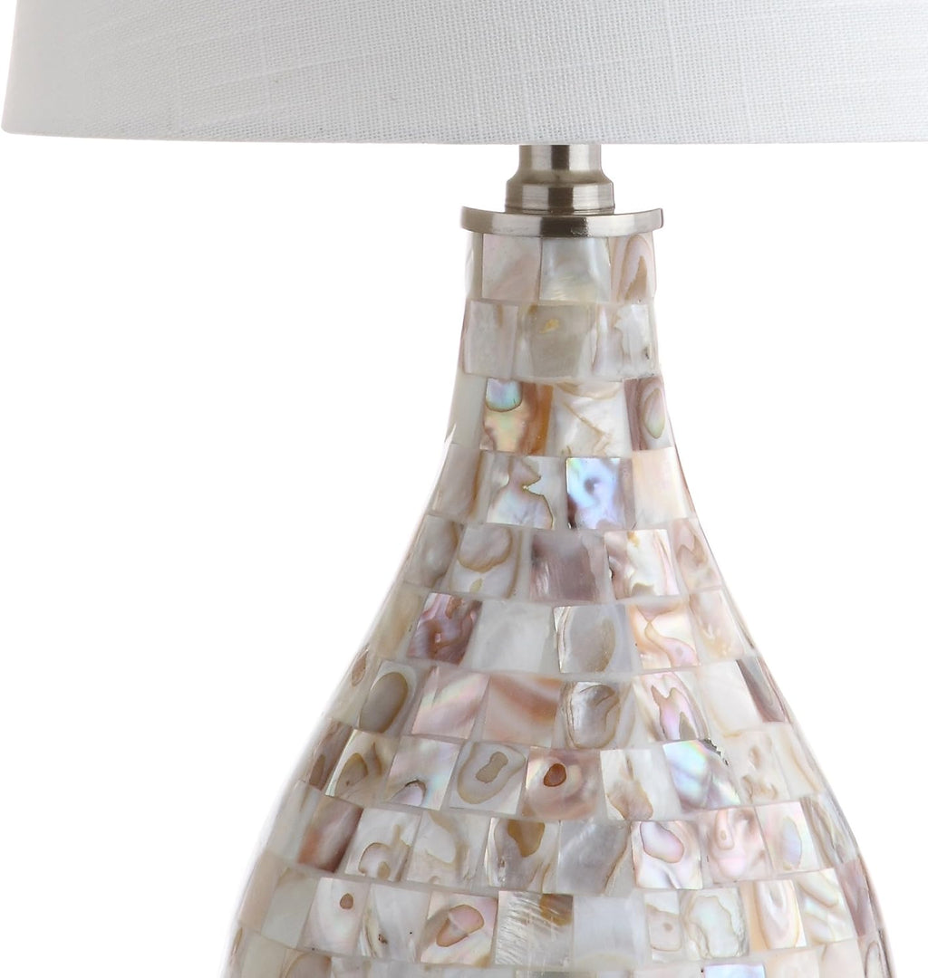 JONATHAN Y 20.5" Seashell Coastal Mini LED Table Lamp for Living Room Office, White Linen Drum Shade, Modern Mother of Pearl Bedside…