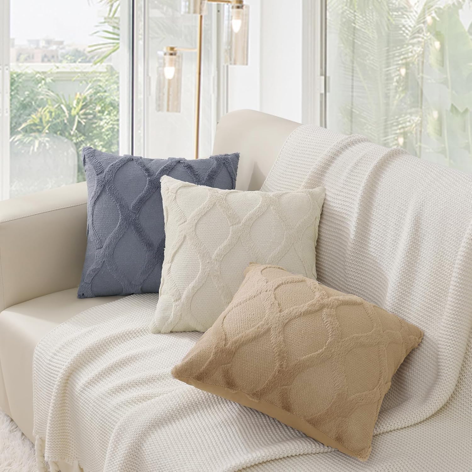 decorUhome Summer Euro Sham Throw Pillow Covers 22x22 Inch Set of 2, Soft Plush Faux Fur Wool Beige Accent Couch Pillow Covers for Modern F…