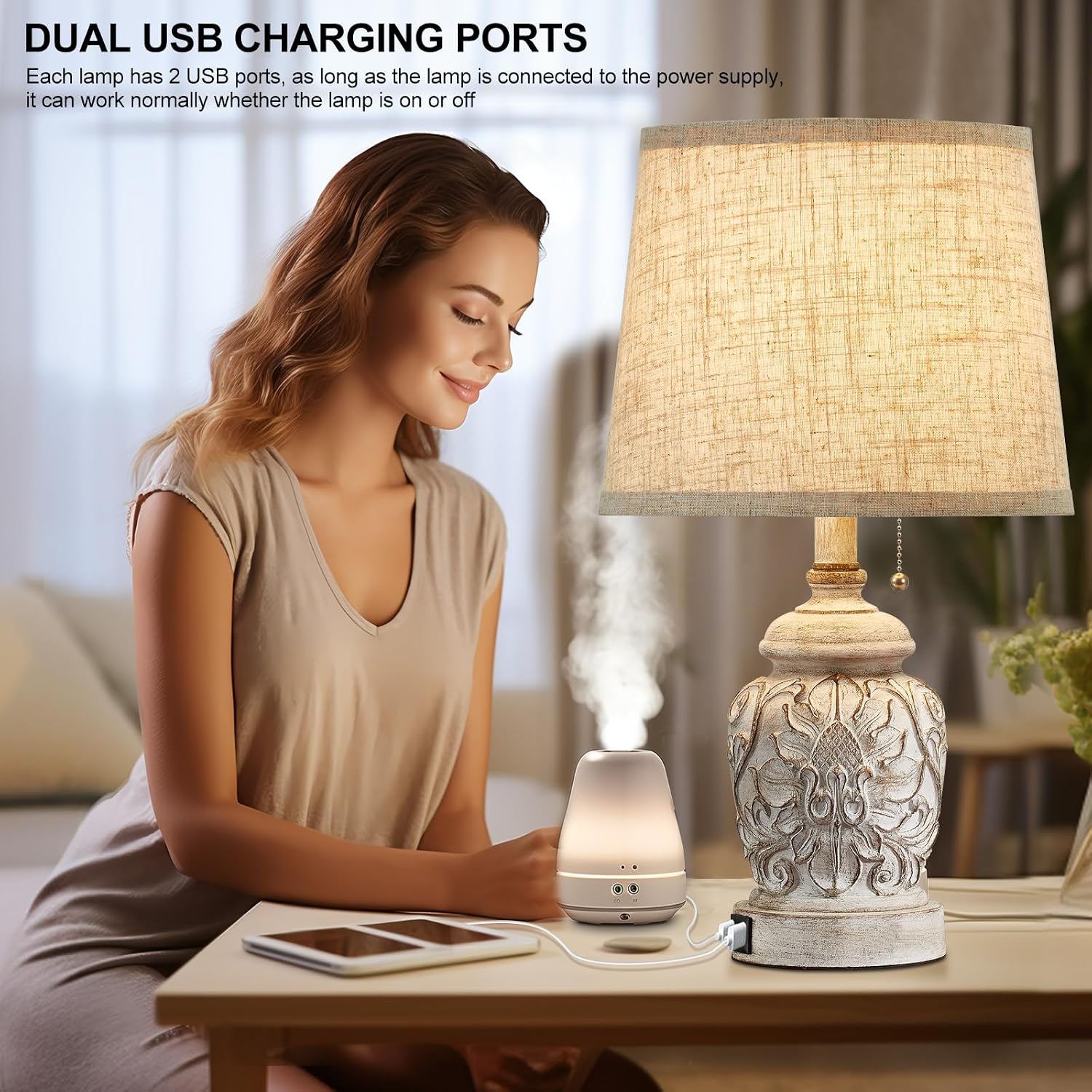 19.5" Vintage Rustic Table Lamp Set of 2 Farmhouse Table Lamps for Living Room Bedroom Decor with USB Ports Traditional Carved Floral…