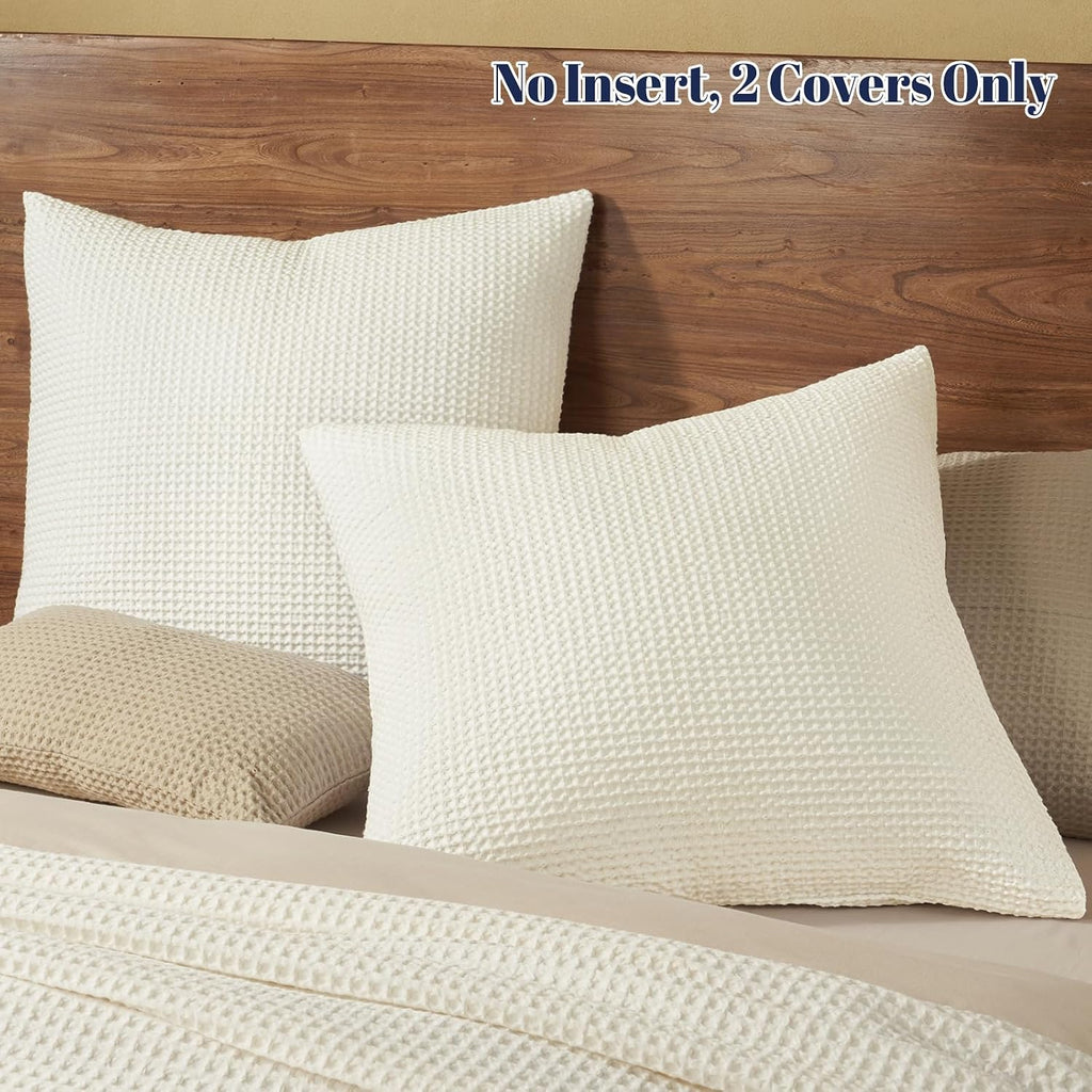 Phf 100% Cotton Waffle Weave Euro Shams 26"X26", No Filling, 2 Pack Elegant Home Decorative Euro Throw Pillow Covers for Bed Couch Sofa, Cre…