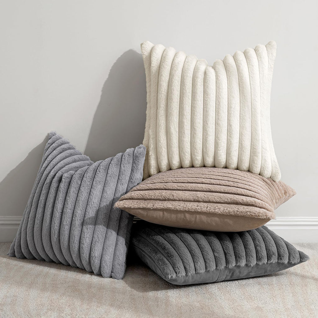 Miulee Faux Fur Plush Decorative Throw Pillow Covers 18x18 Set of 4, Boho Farmhouse Soft Fuzzy Striped Cushion Covers for Sofa Couch Bed Li…