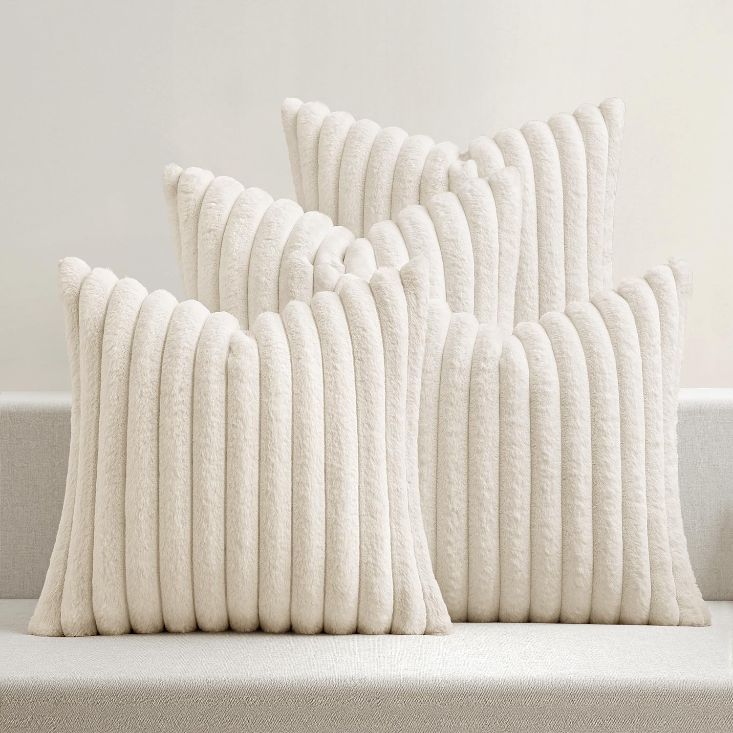 Miulee Faux Fur Plush Decorative Throw Pillow Covers 18x18 Set of 4, Spring Modern Soft Fuzzy Striped Cushion Covers for Sofa Couch Bed Liv…