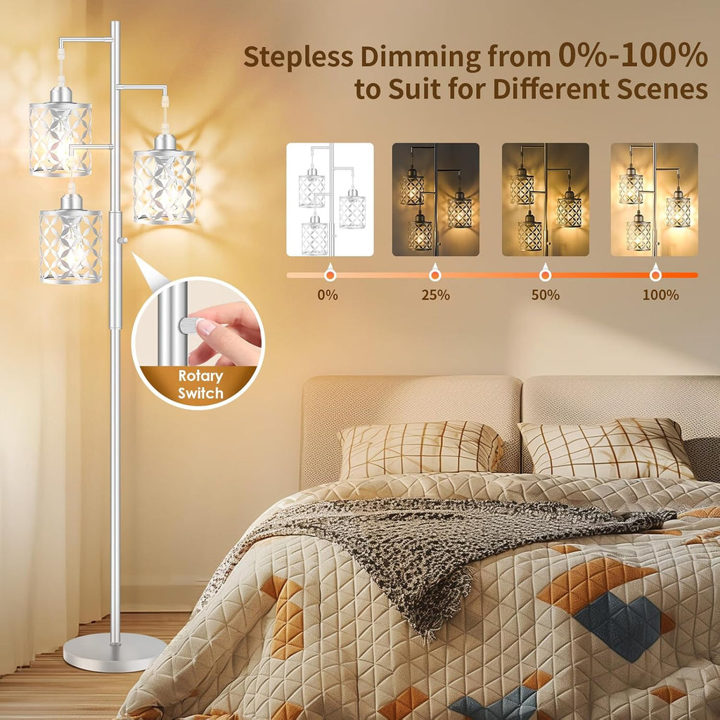 Dimmable Floor Lamp, Farmhouse Standing Lamp with Elegant Metal Cage, Industrial Tall Tree Floor Lamps for Living Room, Bedroom, Study…
