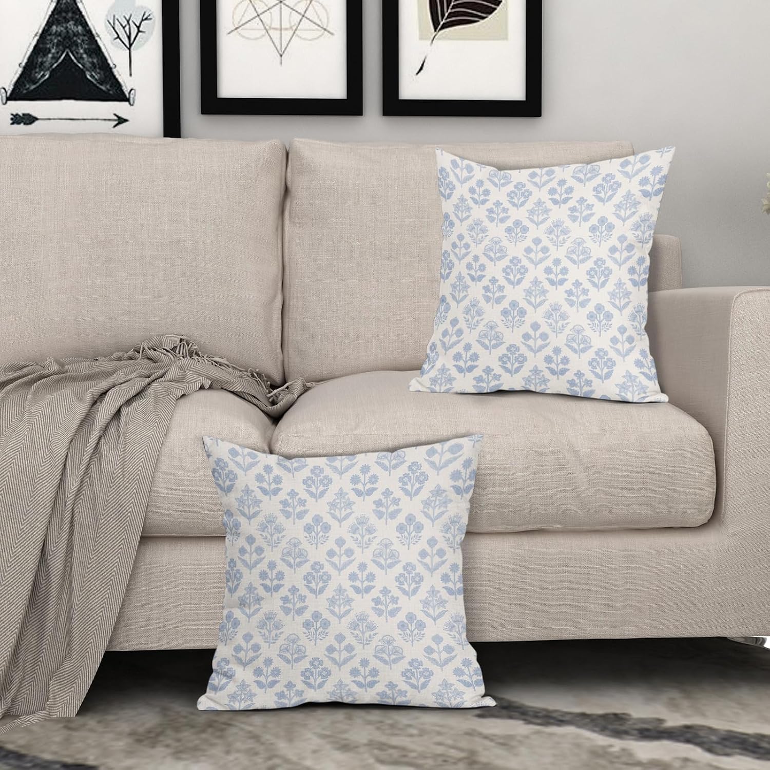 Baby Blue Floral Pillow Covers 16x16 Inch Set of 2, Vintage Flower Block Print Pattern Decorative Throw Pillowcases Outdoor Farmhouse…