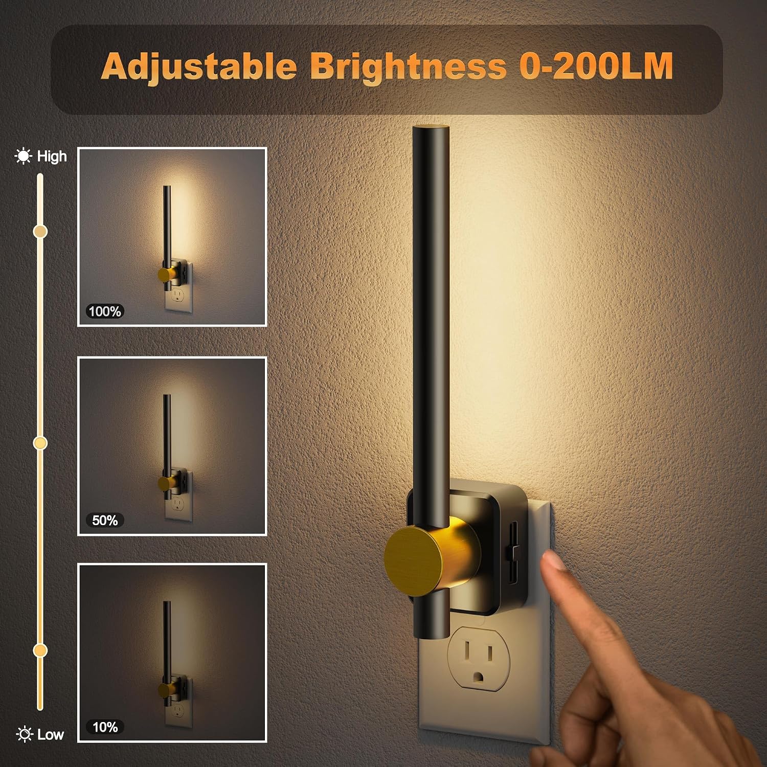 JandCase LED Night Light Plug into Wall, Dusk to Dawn Sensor, 0-200LM Dimmable LED Night Light, Bright Black and Gold Vanity Nightlight…
