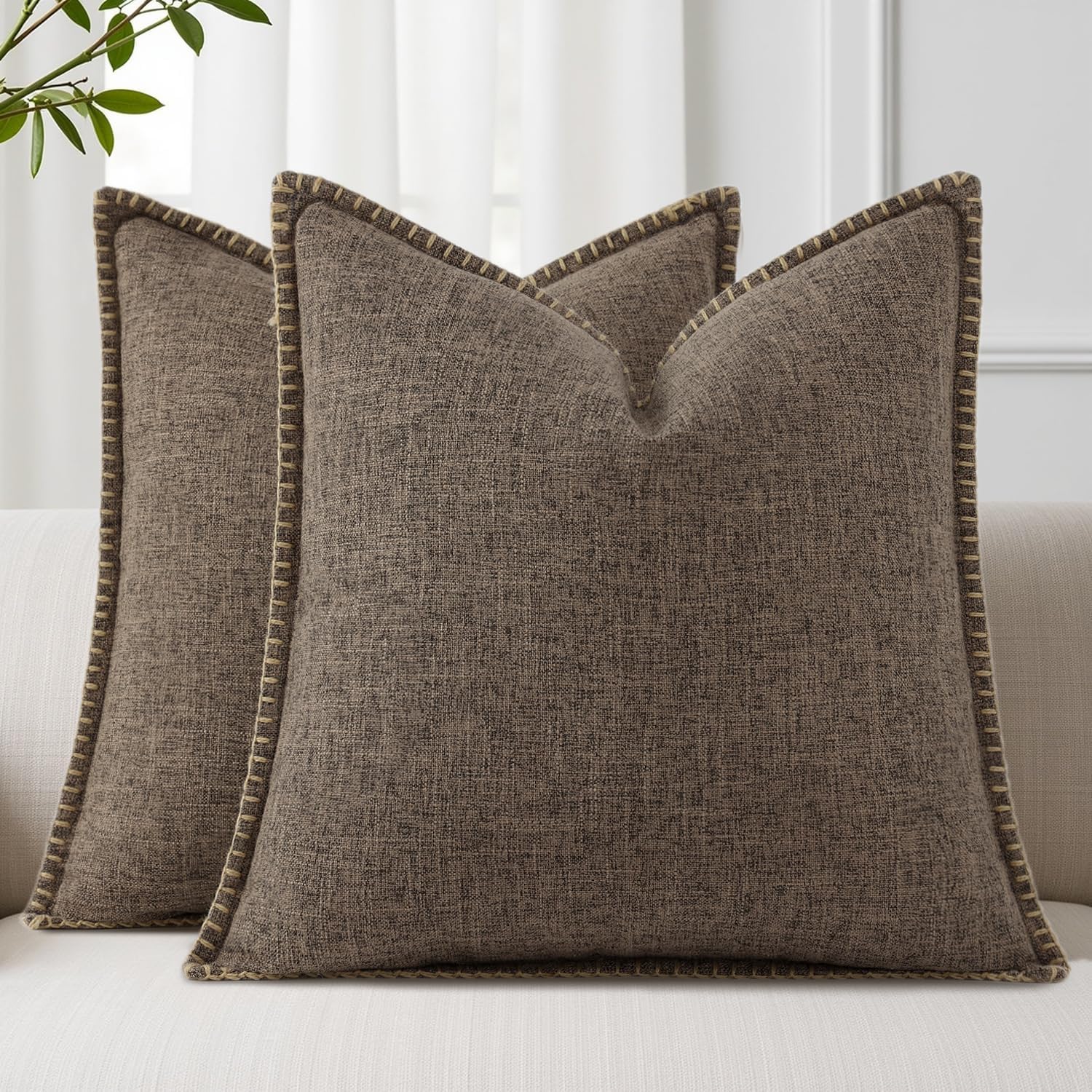 decorUhome Summer Decorative Throw Pillow Covers 18x18 Set of 2 Square Faux Linen Farmhouse Pillow Covers with Stitched Edge Outdoor…