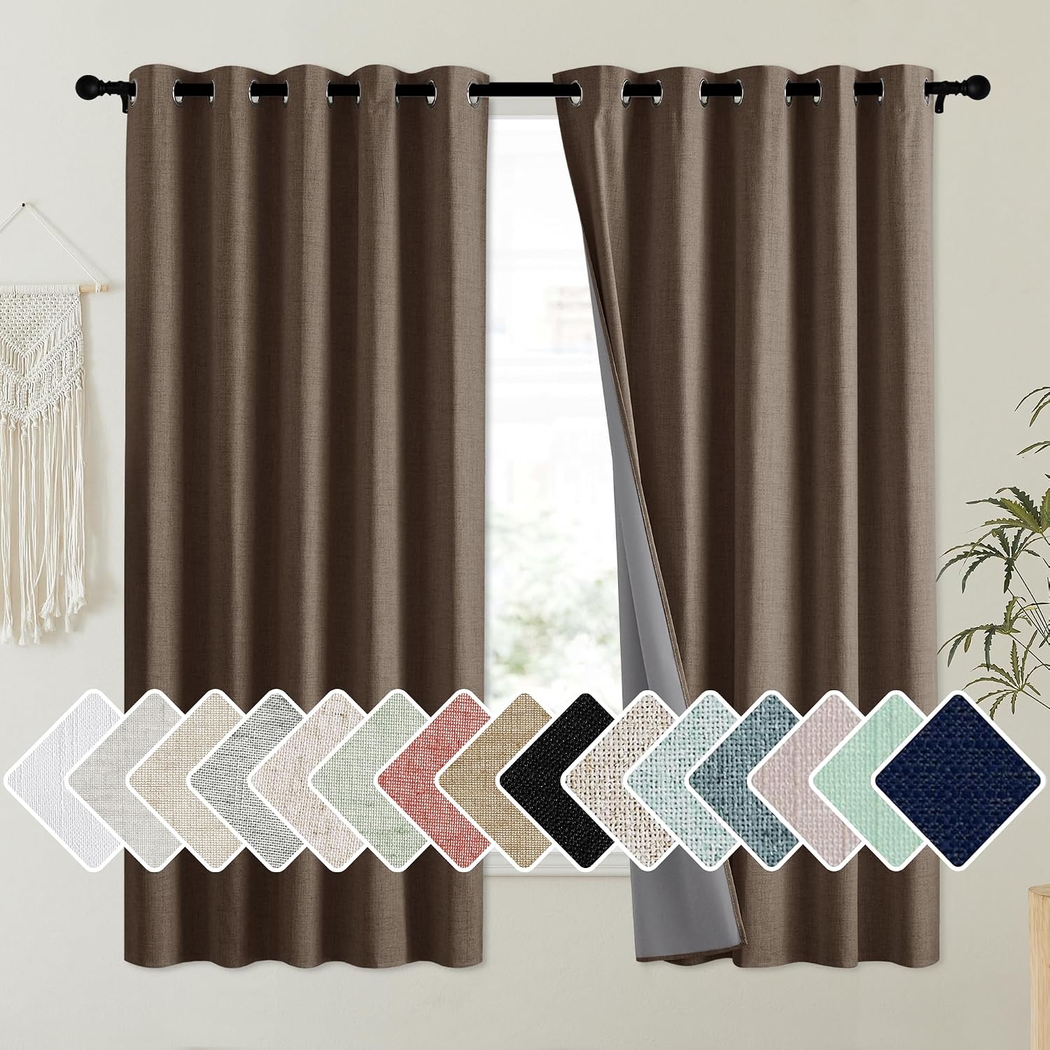 NICETOWN Coffee Vintage Linen 100% Blackout Curtains for Kitchen, Thermal Insulated Curtains 63" Long, Noise Reducing Window Treatment…