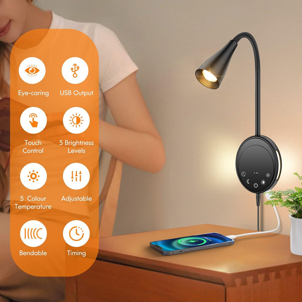 SANKEDOU LED Wall Mount Reading Light, Bedside Reading Lights with Touch Control, 5 Dimmable, USB Output, Night Light & Timers, Flexible…