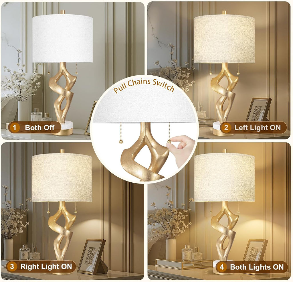 Scenekoy Sculptural Table Lamp Set of 2 with USB Ports for Bedroom Living Room, 26” Gold Leaf Marble Base Bedside Lamps, Pull Chains…
