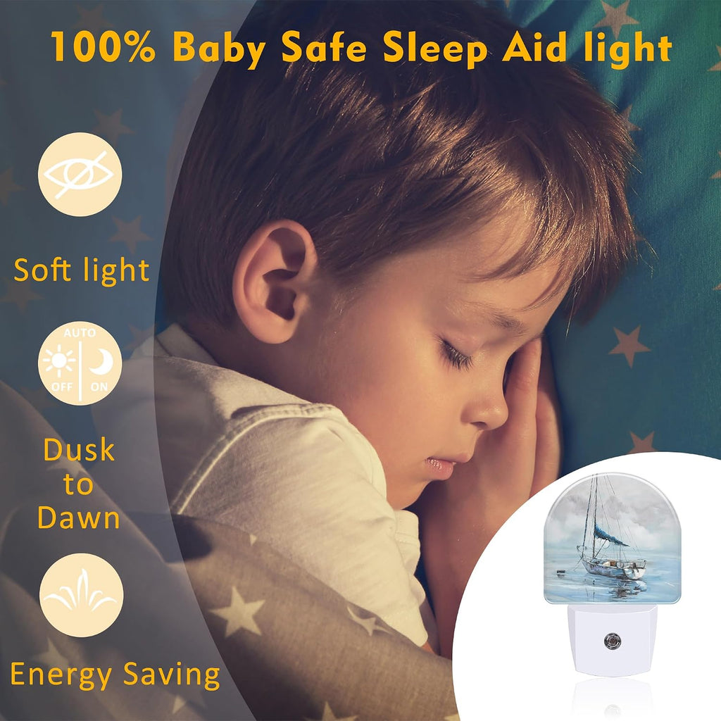 Blue Sailboat in Harbor Night Light Plug into Wall, Boat Ocean Oil Painting Dusk to Dawn Night Light Plug in,0.5w Energy Saving Sleep…