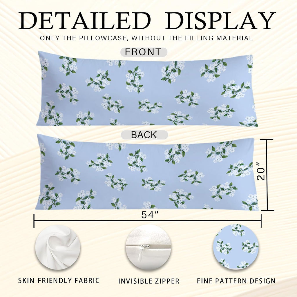 Blue Hydrangea Chinoiserie Body Pillow Covers 20x54, Grandmillennial Home Decor, Girly Aesthetic Hydrangea Floral Long Body Pillow Case…