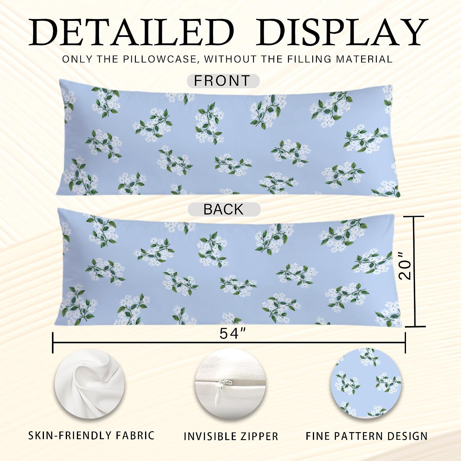 Blue Hydrangea Chinoiserie Body Pillow Covers 20x54, Grandmillennial Home Decor, Girly Aesthetic Hydrangea Floral Long Body Pillow Case…