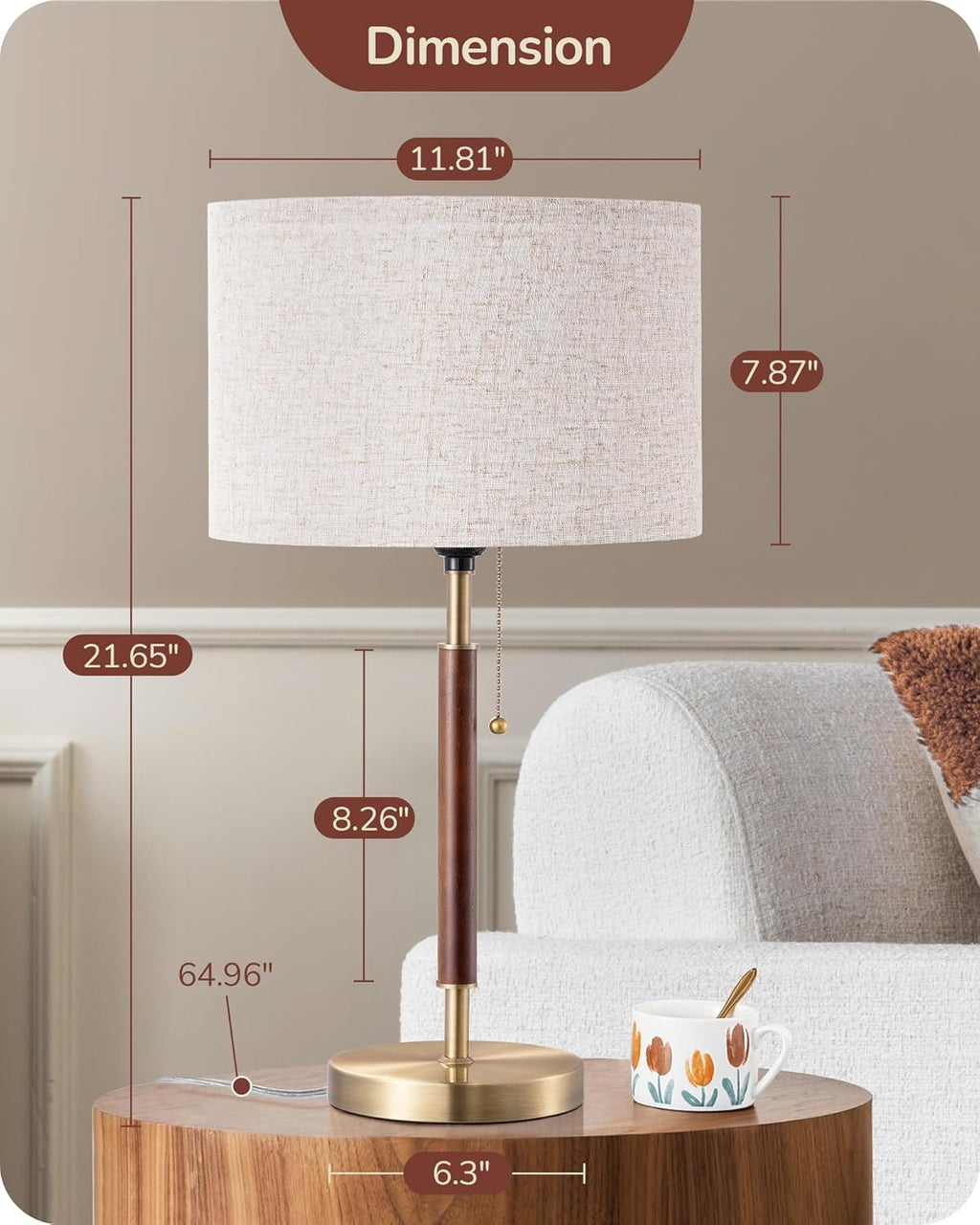 EDISHINE Mid Century Table Lamp, Bedside Lamp with Pull Chain Switch, Solid Wood & Metal Pole, Modern Nightstand Table Lamp for Living…