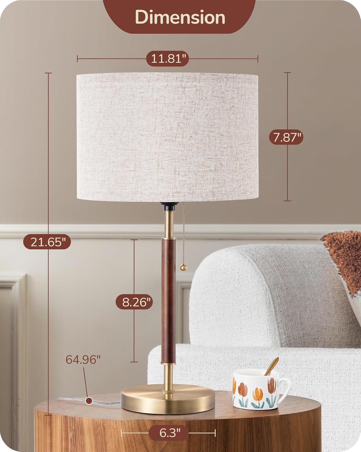 EDISHINE Mid Century Table Lamp, Bedside Lamp with Pull Chain Switch, Solid Wood & Metal Pole, Modern Nightstand Table Lamp for Living…