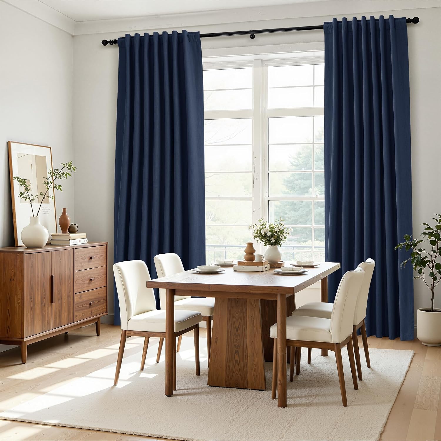 Nanspring Navy Blue 100% Blackout Linen Curtains 84 Inch Length 2 Panels Set for Bedroom Back Tab Modern Luxury Nautical Decor Black Out Cu…