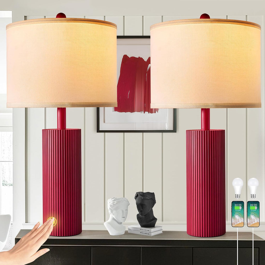 24.5" Red Touch Lamps Set of 2, Modern Living Room Table Lamps with USB C+A Ports, 2 Bulbs Included, Table Light Fixture for Nightstand…