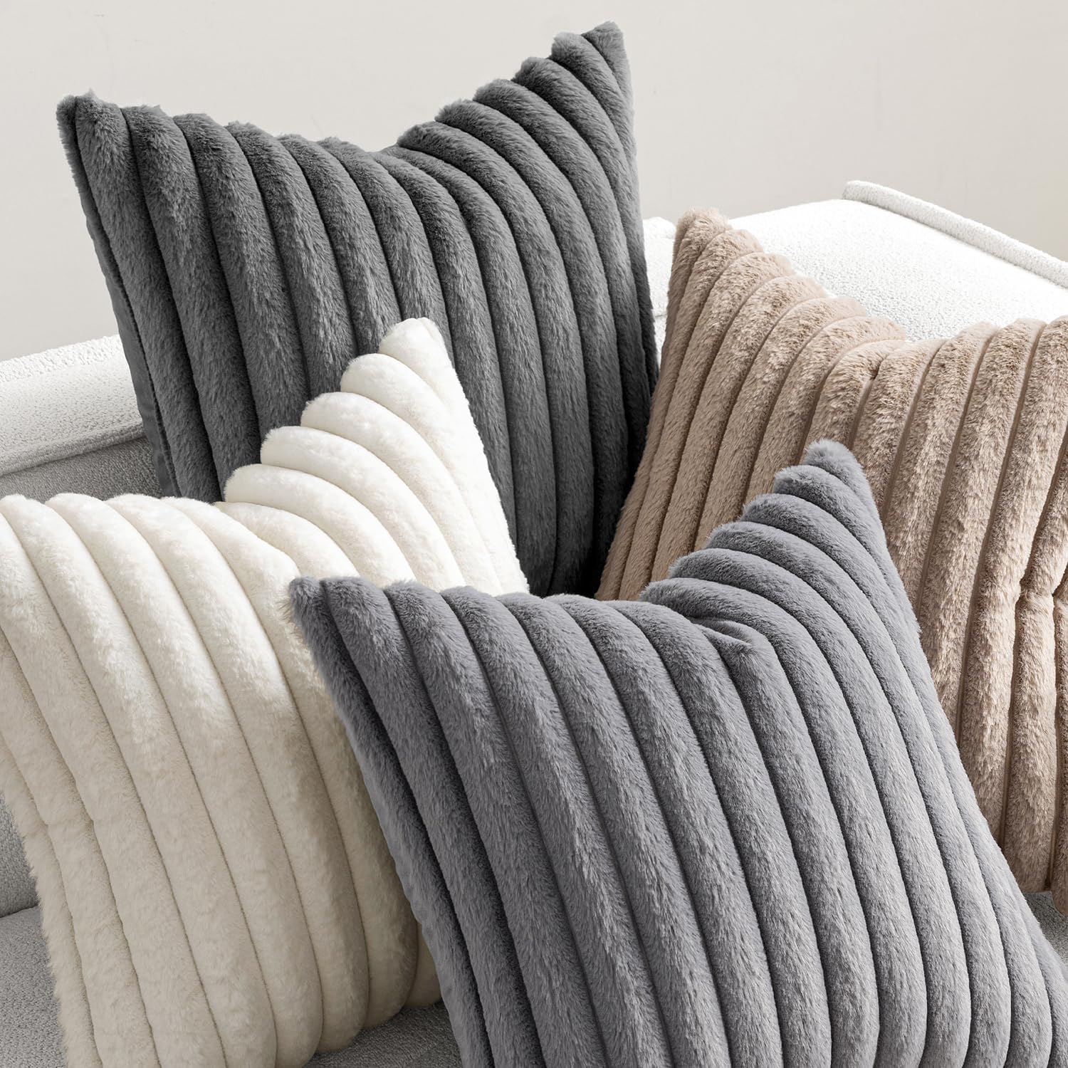 Miulee Faux Fur Plush Decorative Throw Pillow Covers 18x18 Set of 4, Boho Farmhouse Soft Fuzzy Striped Cushion Covers for Sofa Couch Bed Li…